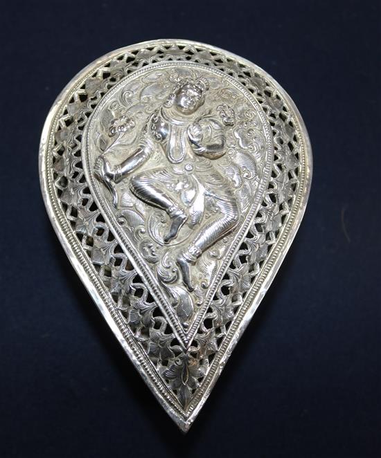 A Burmese silver teardrop shaped box with pierced cover containing minor items of jewellery.